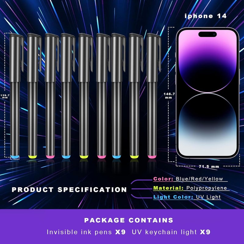 Daemson Invisible Ink Pen, Spy Pen with 9 PCS Mini UV LED Keychain Flashlight, Disappearing Ink Magic Pens with Black Light Markers for Secret Notes, Fit for Christmas Halloween Holiday Gifts (9 PCS) - Image 5